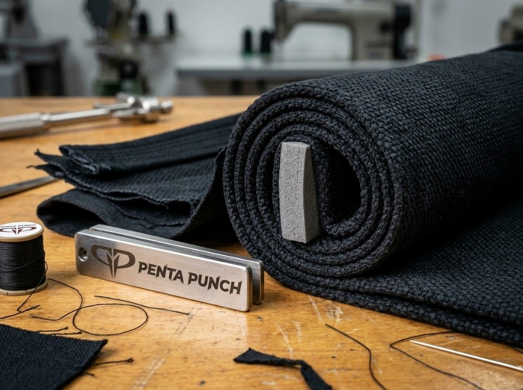 Cross-section view of EVA foam collar core inside a BJJ gi jacket showing layered stitching construction