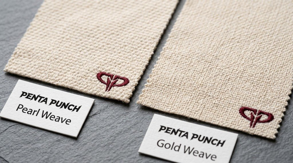 Pearl weave and gold weave BJJ gi fabric samples side by side for OEM manufacturer comparison