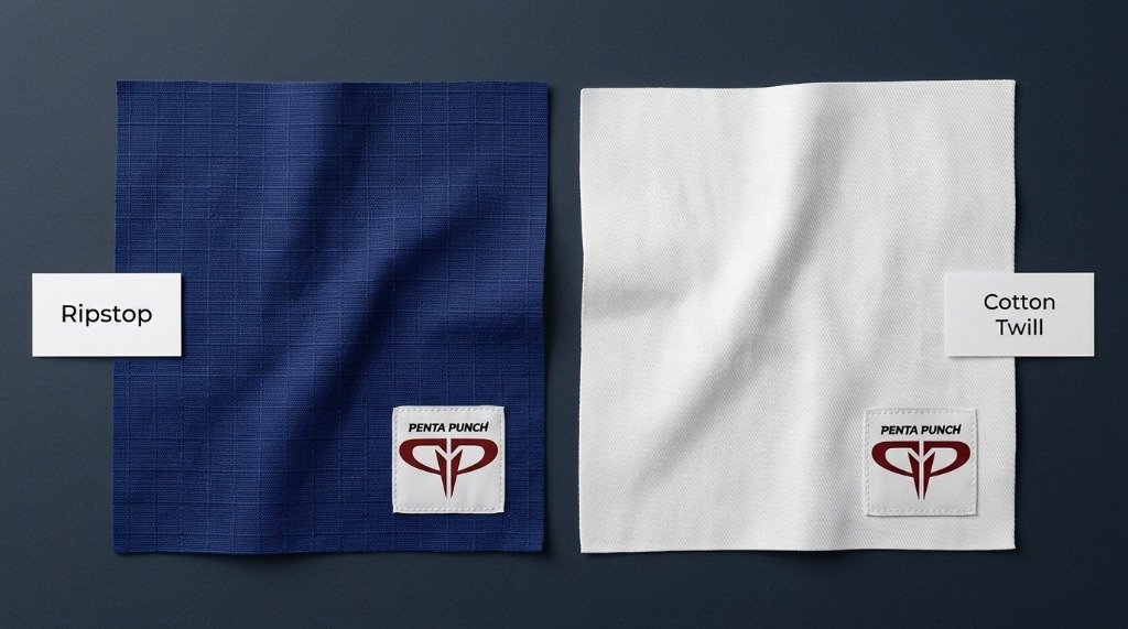 Side by side comparison of ripstop and cotton twill BJJ gi pants fabric construction