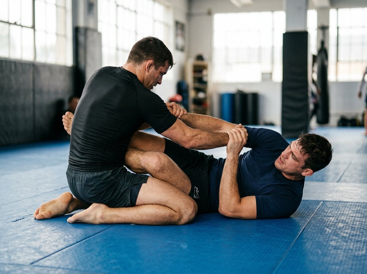Two BJJ athletes training on competition mat wearing fitted compression rash guards demonstrating 4-way stretch and athletic fit