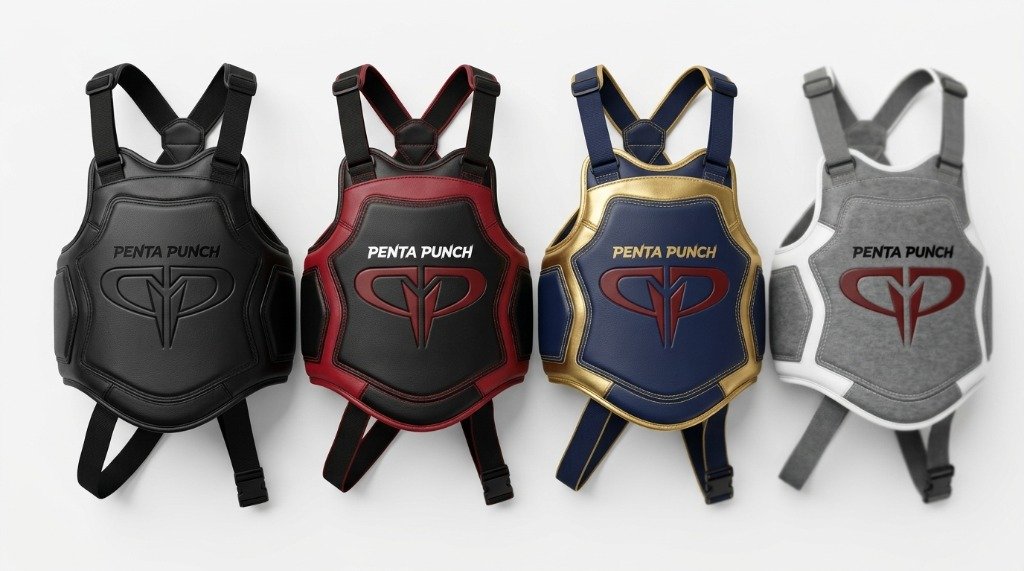 Multiple custom body protectors in different colour configurations showing OEM customisation options for combat sports brands