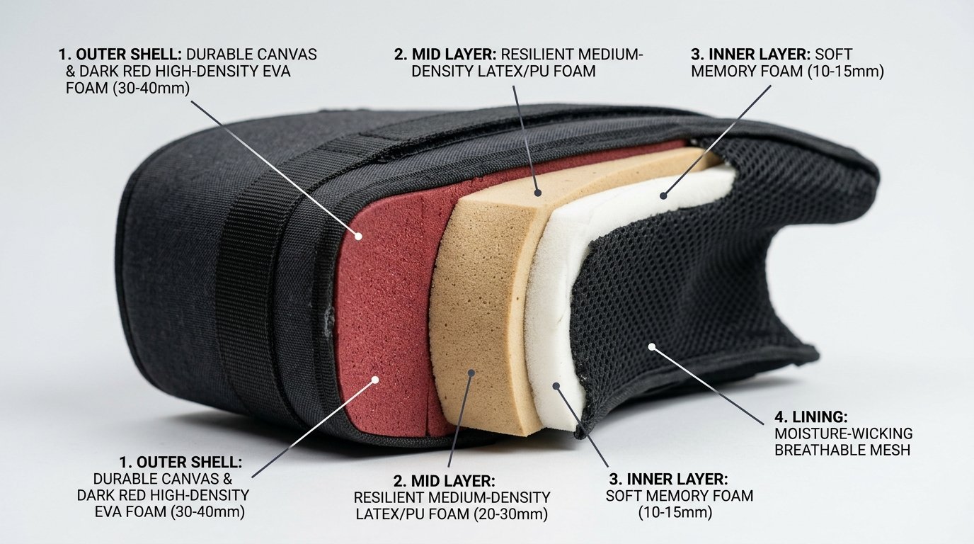 Cross-section of body protector showing three foam layers: high-density EVA outer, PU mid, and memory foam inner lining
