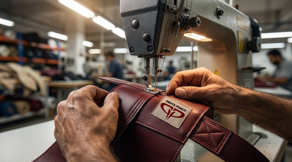 Factory worker stitching body protector panels at Sialkot manufacturing facility showing precision double-stitch seam construction