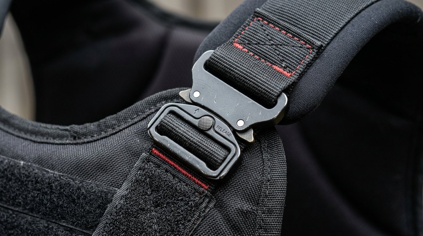 Close-up of body protector shoulder strap hardware showing neoprene padding, cam buckle, and bar-tack stitching at attachment points