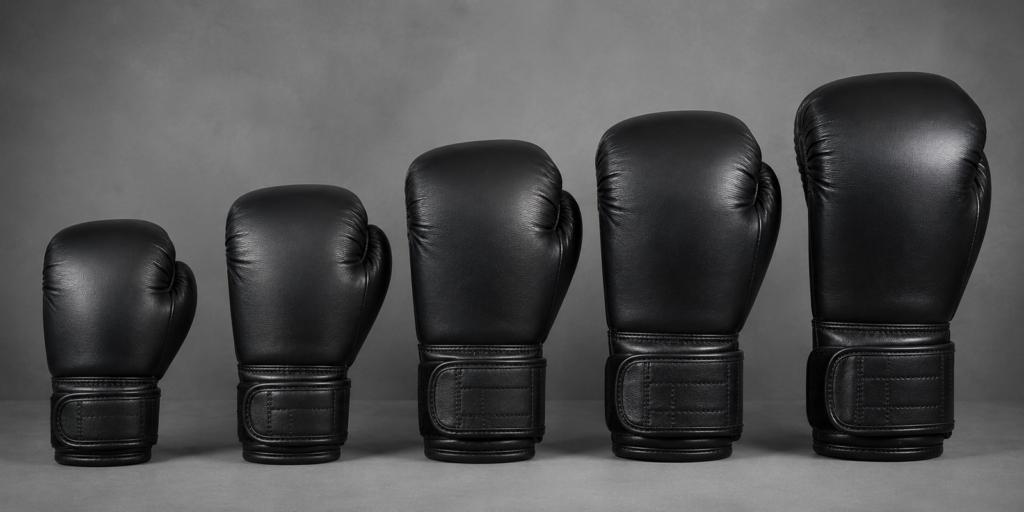 Boxing gloves in 8oz, 10oz, 12oz, 14oz, and 16oz weights compared side by side