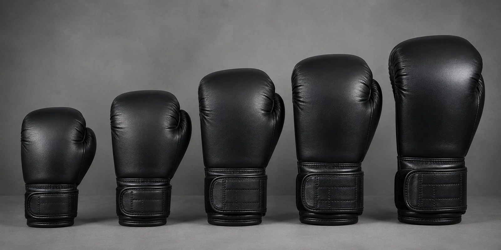 Boxing gloves in 8oz, 10oz, 12oz, 14oz, and 16oz weights compared side by side