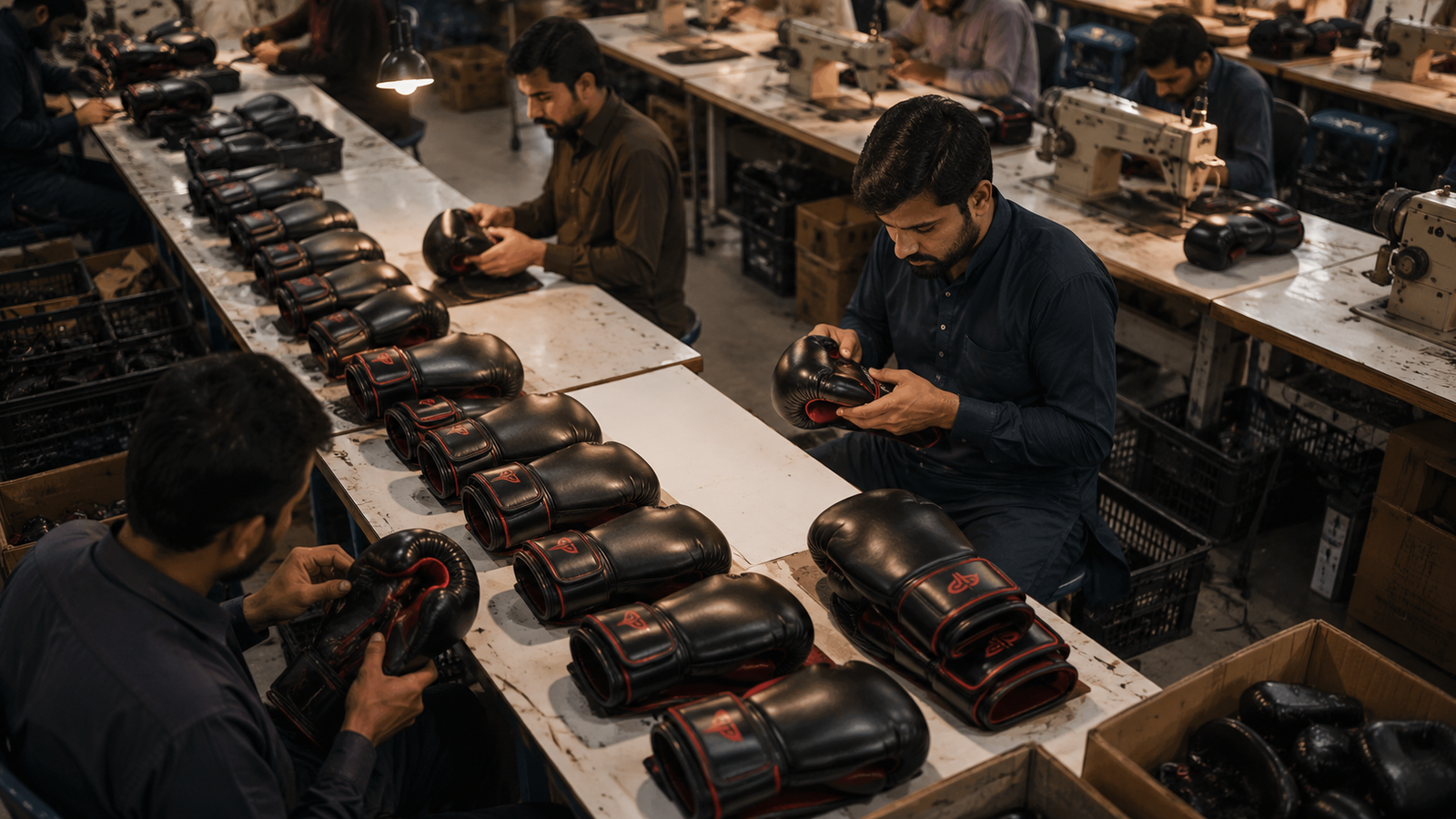 Inspector checking boxing glove stitching and padding density