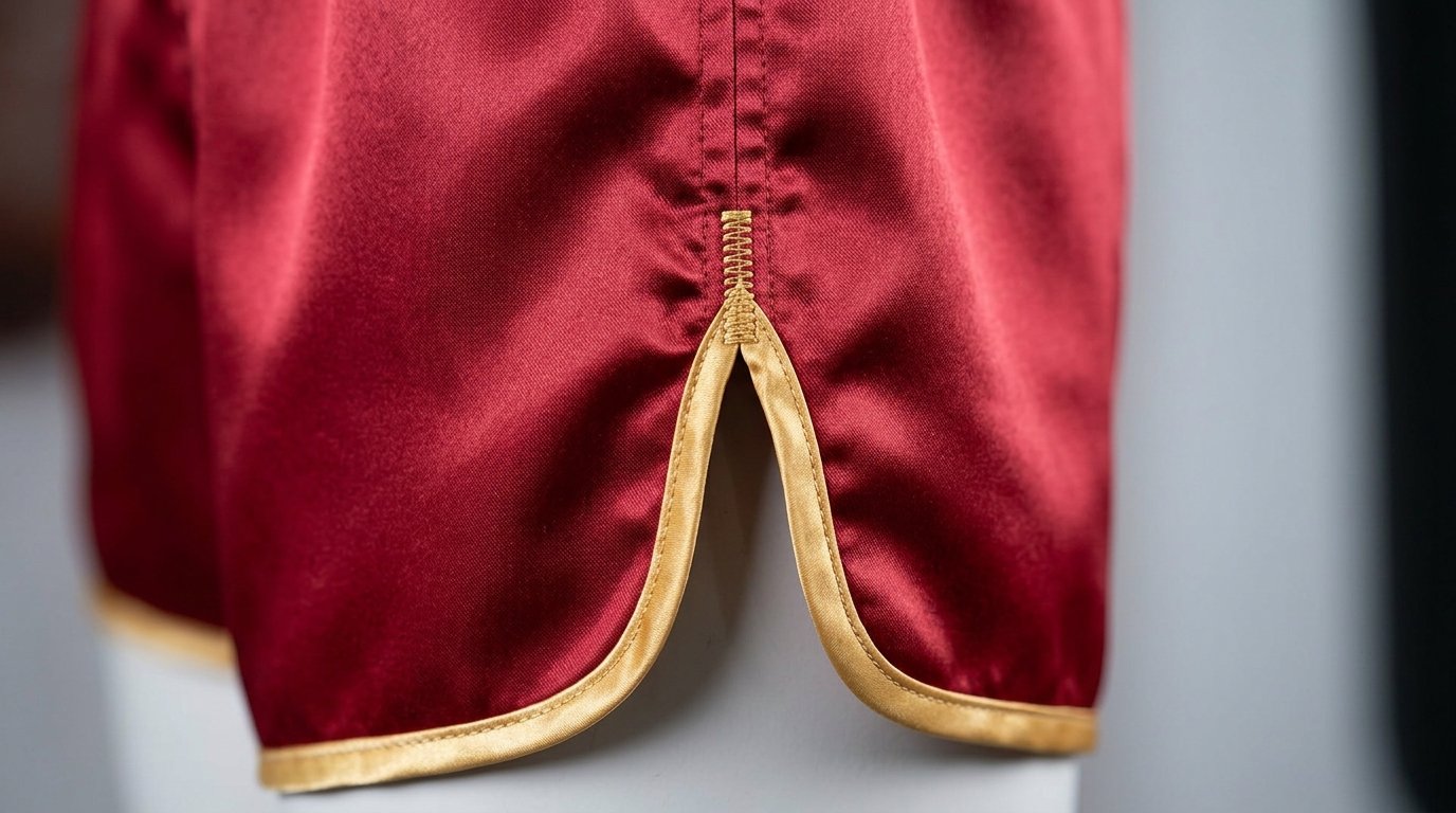 Boxing shorts side split and mobility gusset seam engineering