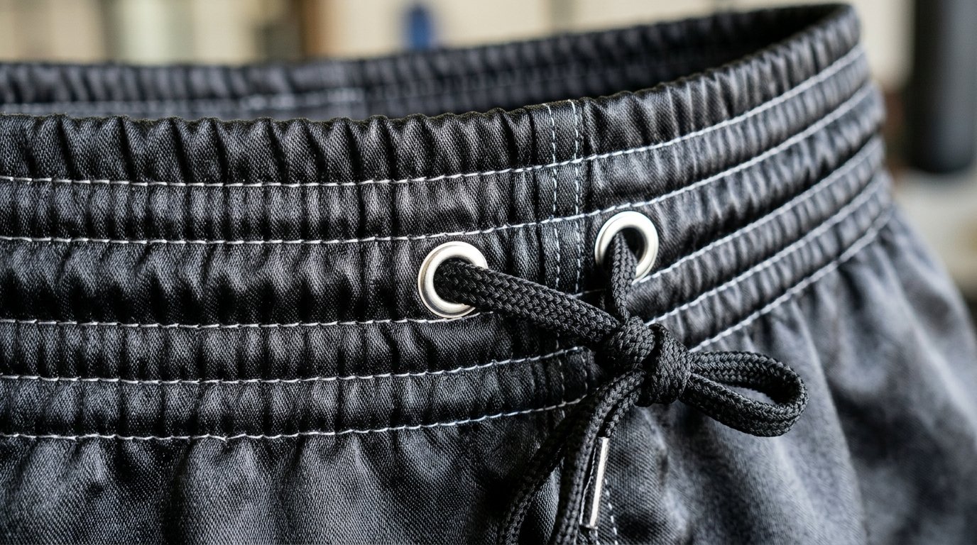 Boxing shorts 4-inch multi-needle waistband construction detail