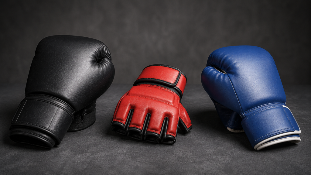 Boxing, MMA, and Muay Thai gloves arranged side by side showing construction differences