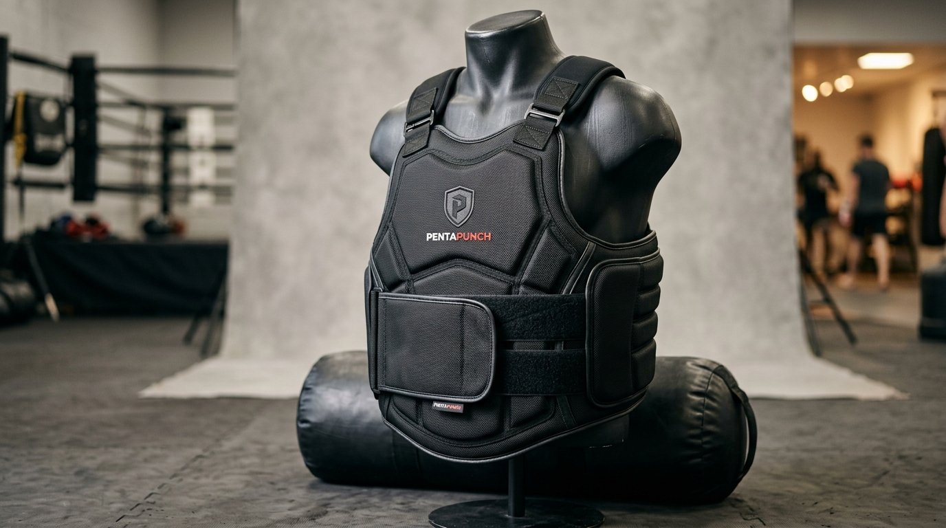 Premium OEM coach body protector showing anatomical rib-wrap shell design and multi-density foam construction