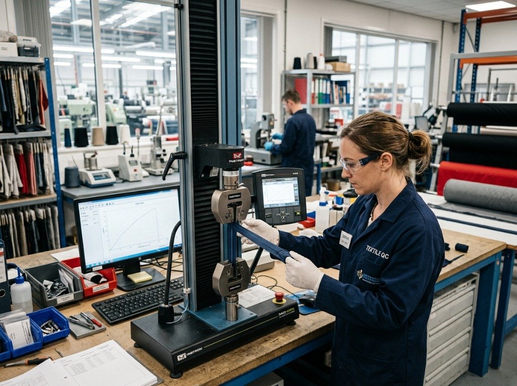Quality control technician inspecting hand wrap fabric elasticity and seam strength in a manufacturing laboratory