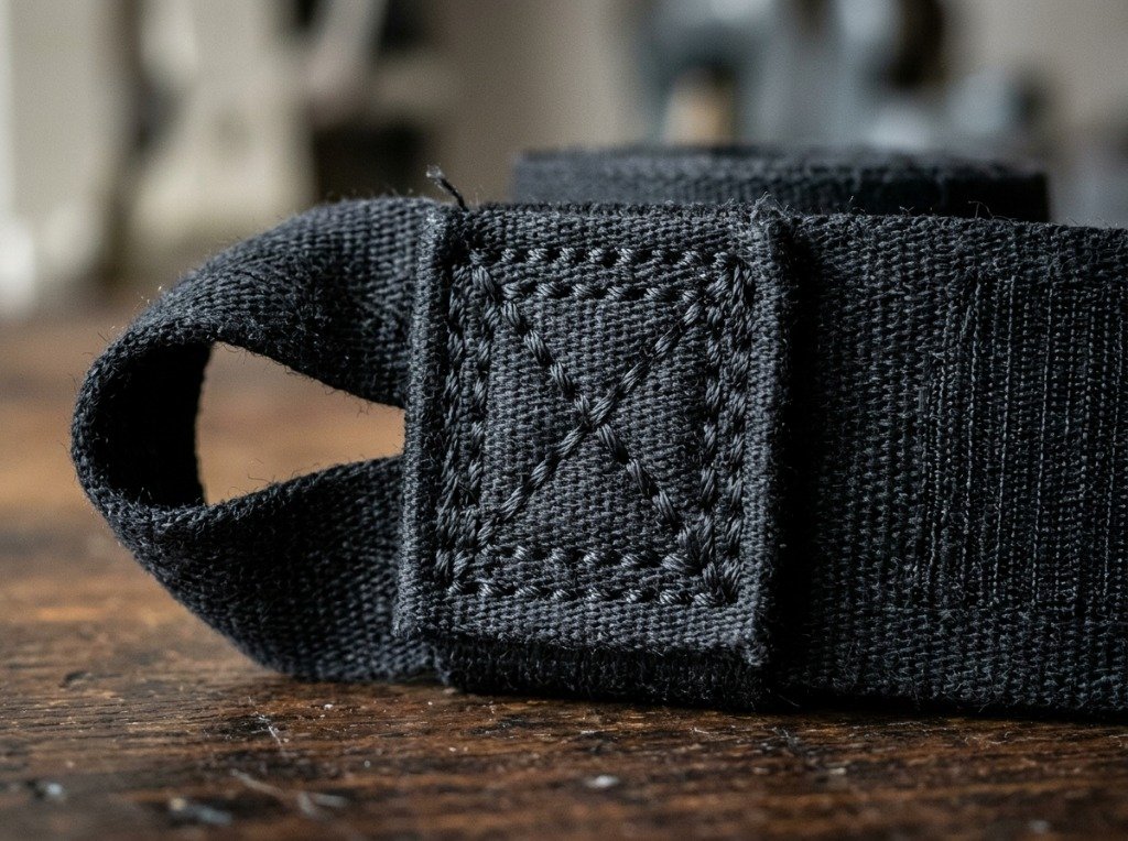 Close-up of a reinforced thumb loop on a boxing hand wrap showing heavy-duty bar-tack stitching