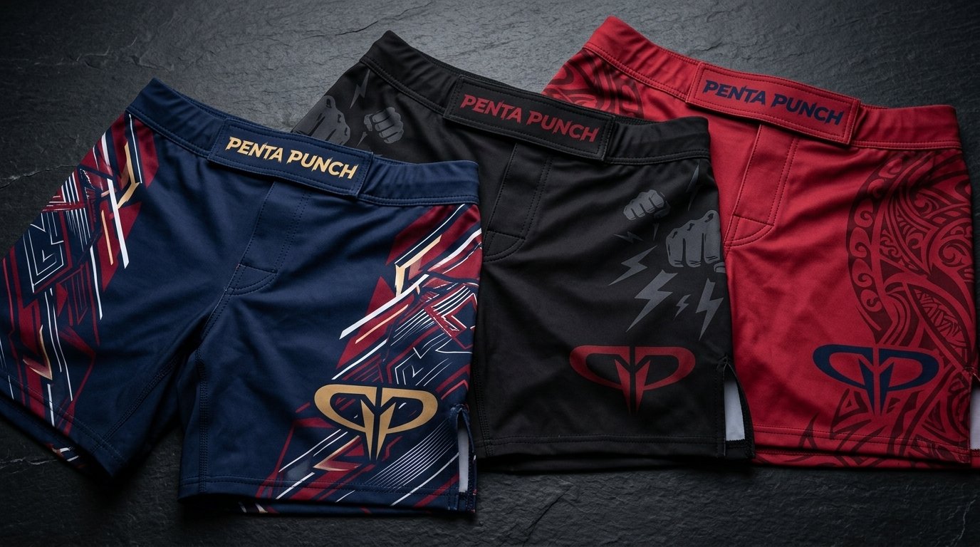 Custom OEM MMA fight shorts with vibrant sublimation printing and flatlock seam construction — manufactured for international fightwear brands.