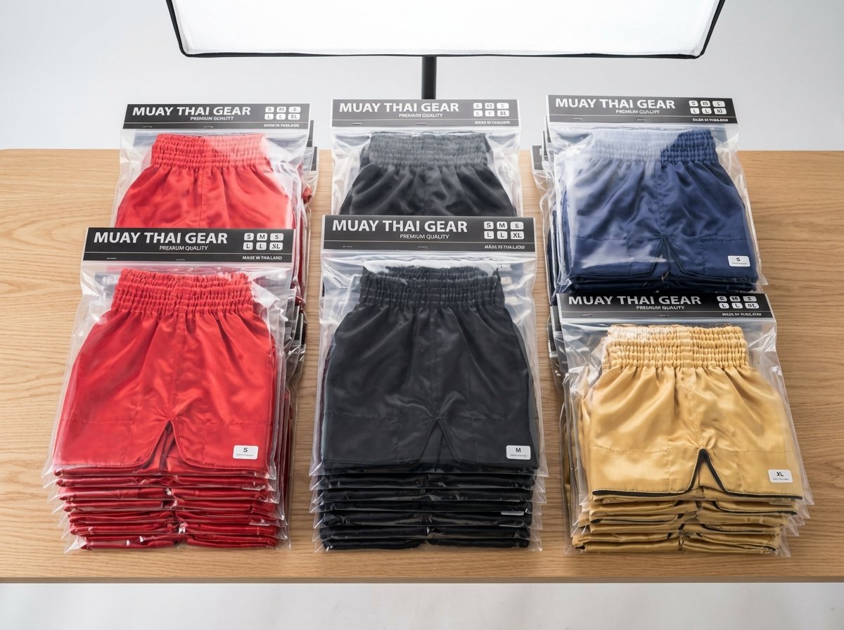 Muay Thai shorts bulk OEM export packaging showing folded pairs in polybags