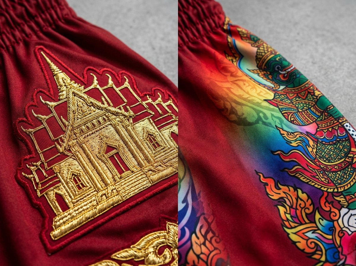 Muay Thai shorts embroidery patch versus sublimation printing comparison