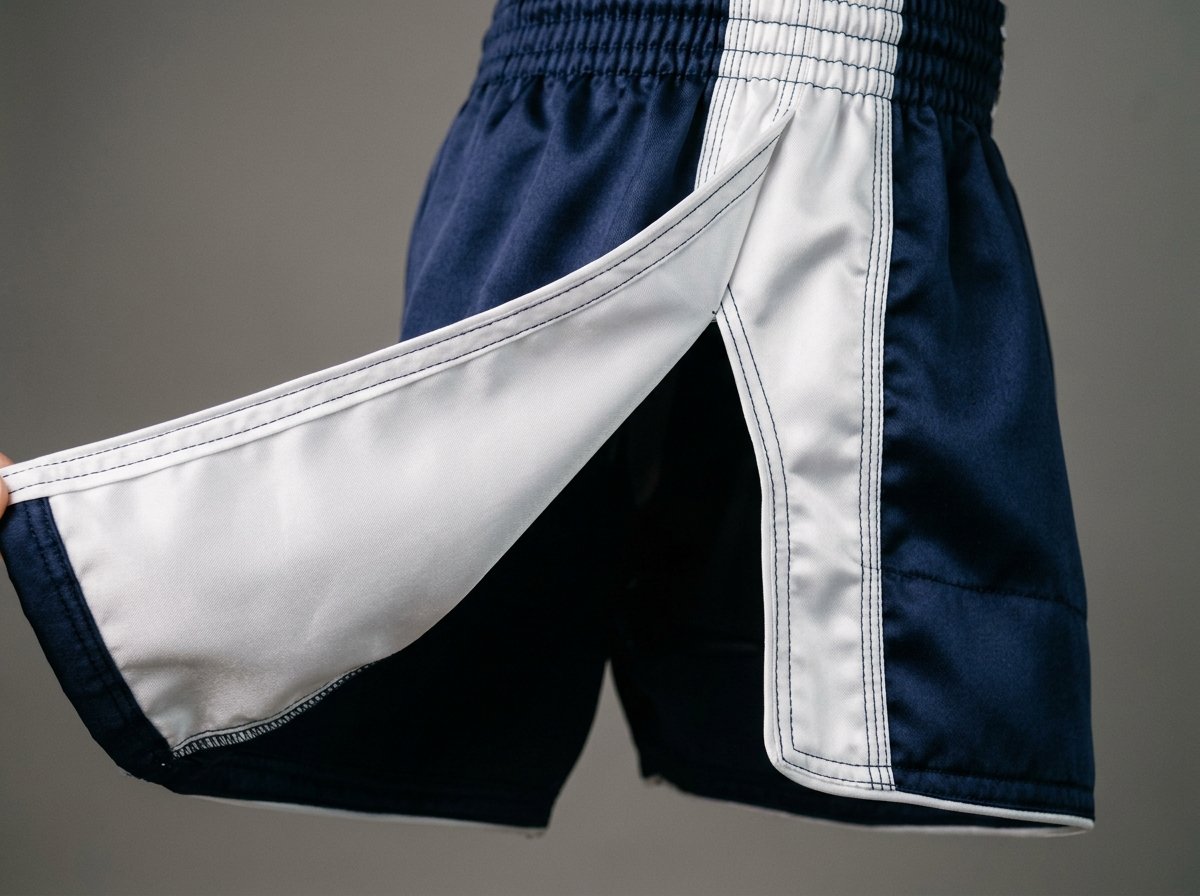 Muay Thai shorts deep side split panel construction showing full range of motion