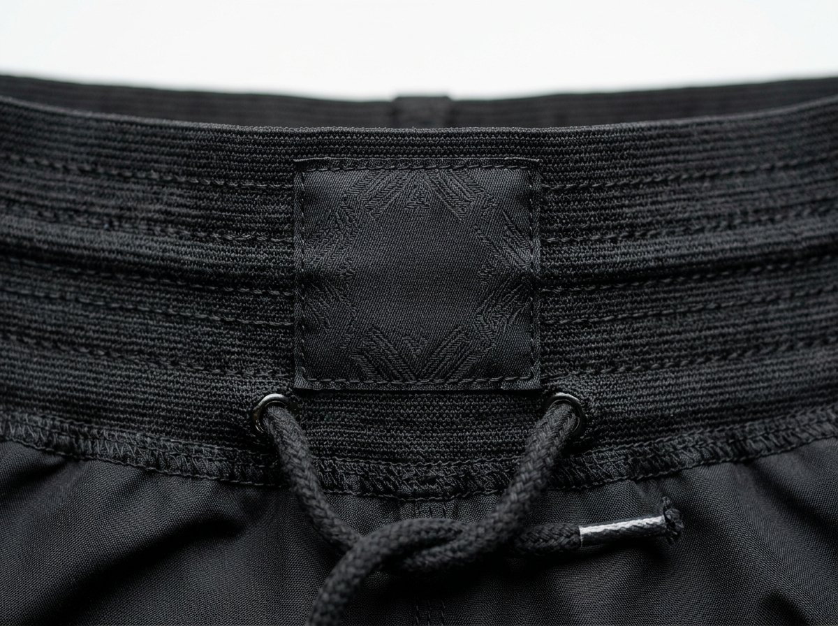 Custom Muay Thai shorts waistband construction showing elastic, stitching rows and woven label detail