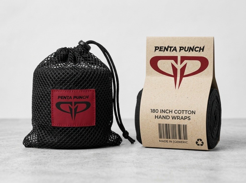 Retail presentation of custom hand wraps packaged in breathable mesh wash bags and custom paper sleeve boxes