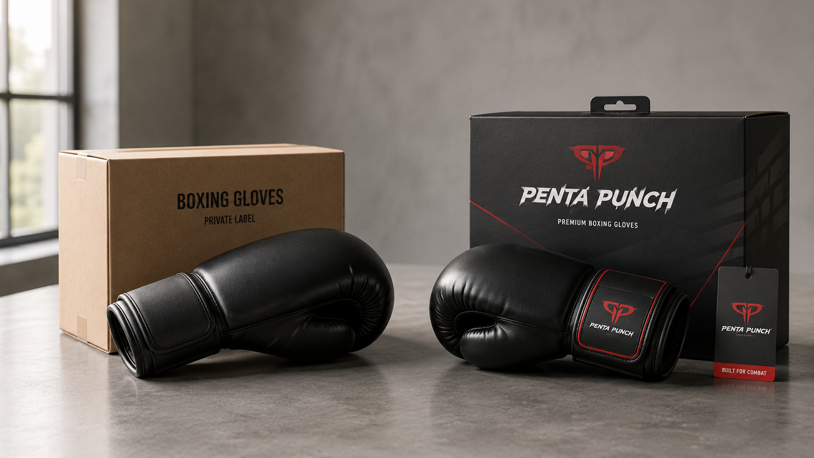 Boxing gloves shown transitioning from generic private label packaging to branded retail packaging