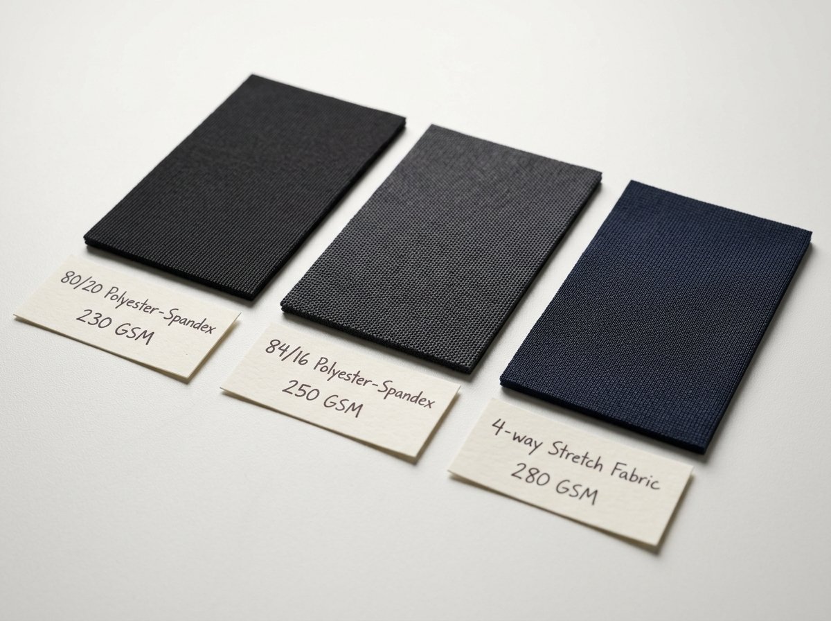 Compression rash guard fabric swatches showing different GSM weights for BJJ and MMA manufacturing