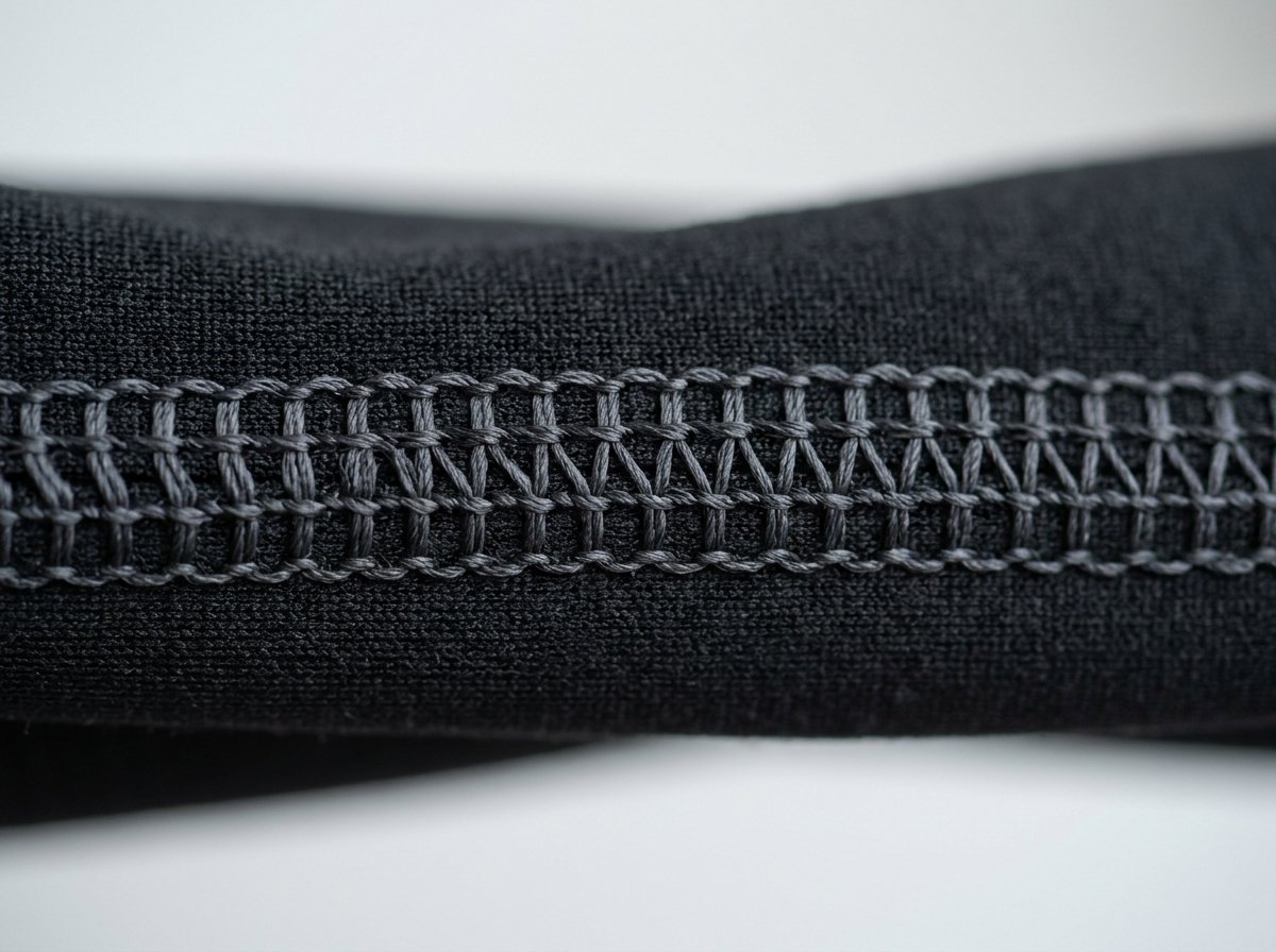 Extreme close-up of six-needle flatlock stitching seam on black BJJ rash guard fabric showing chafe-free construction