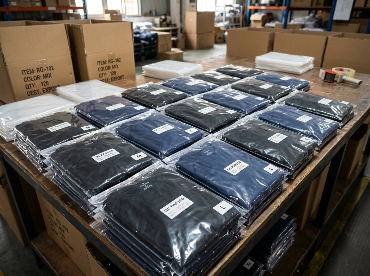 OEM bulk rash guard export packaging showing individually poly-bagged compression garments with quality control labels ready for international shipping