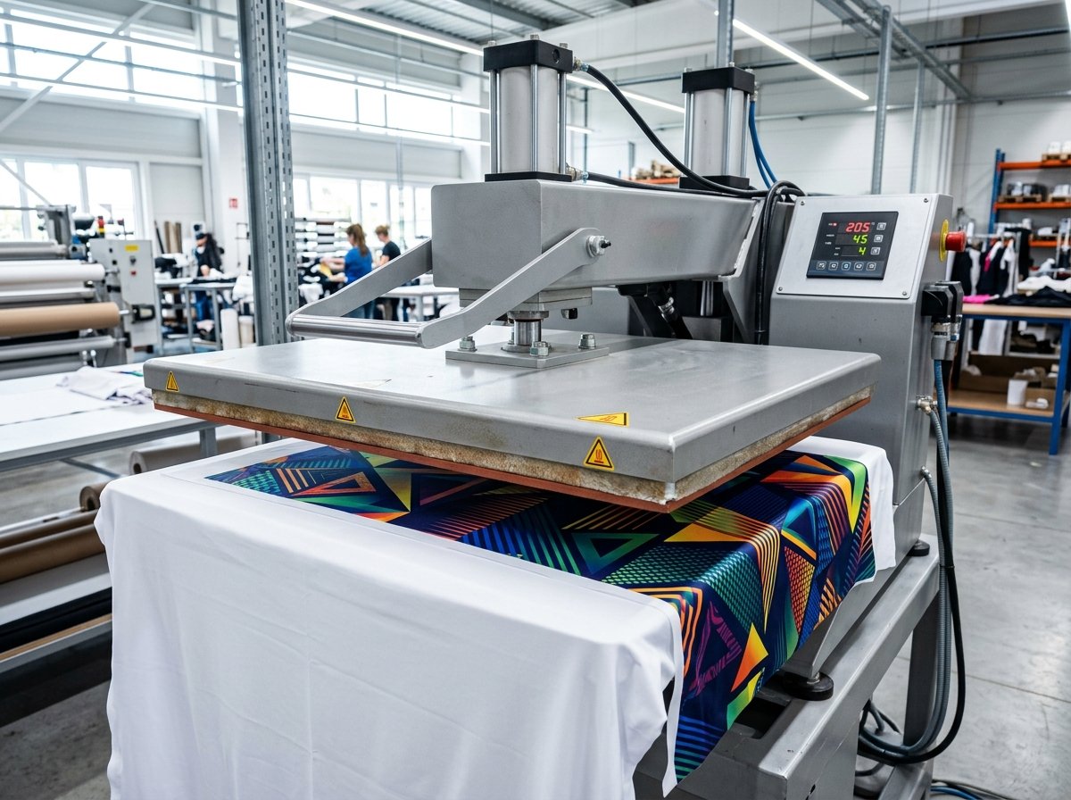 Industrial sublimation heat press machine transferring vibrant custom design onto compression rash guard fabric in a manufacturing facility