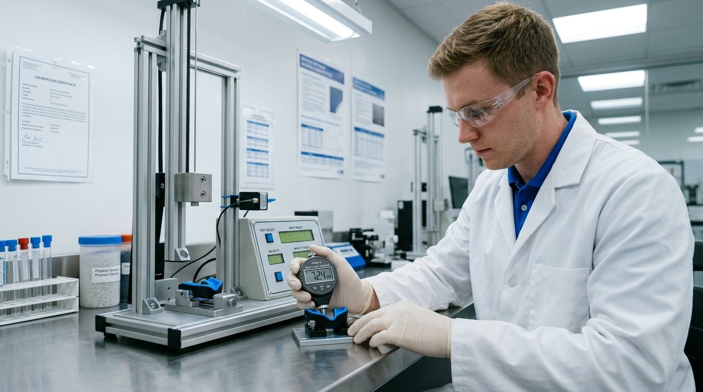 Technician measuring combat sports mouthguard hardness with digital Shore A durometer in impact testing laboratory