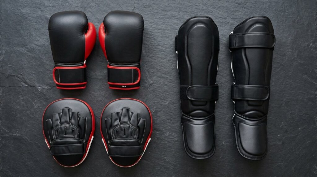 Flat lay of professional boxing gloves, shin guards, and focus mitts in genuine leather and microfiber materials on a clean studio surface