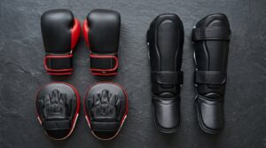 Flat lay of professional boxing gloves, shin guards, and focus mitts in genuine leather and microfiber materials on a clean studio surface