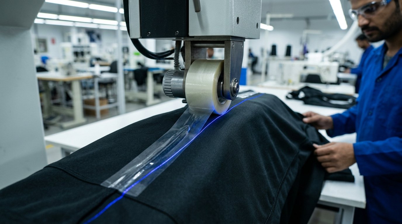 Automated hot-air seam taping machine sealing waterproof polyurethane seams on a private label sauna suit in factory