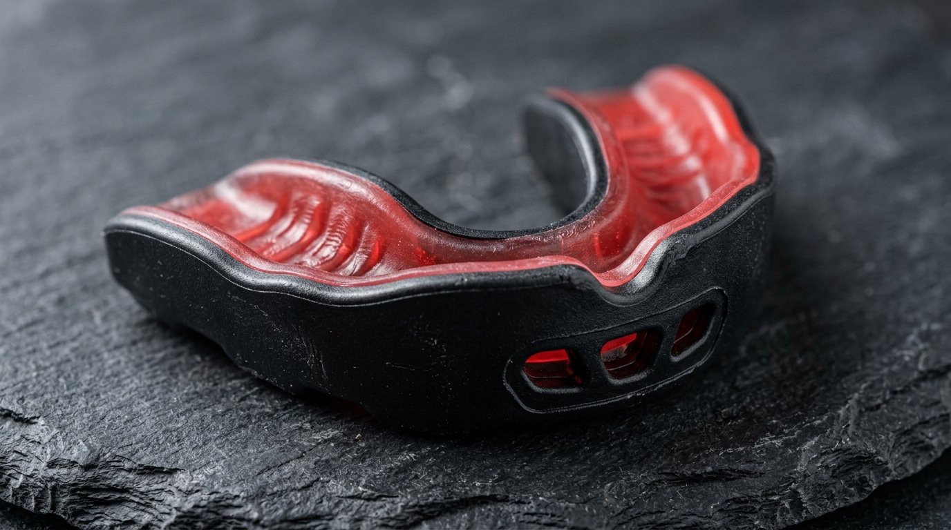 Macro detail of a dual-density combat sports mouthguard showing co-molded outer exoskeleton and inner thermo-gel liner