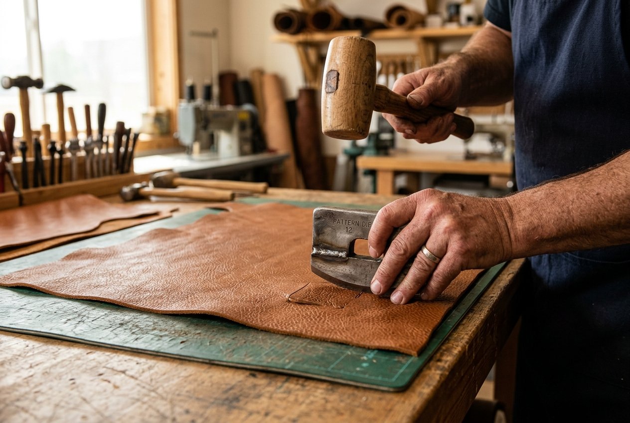 Close-up of genuine full-grain cowhide leather being cut for boxing gloves in a Sialkot manufacturing facility
