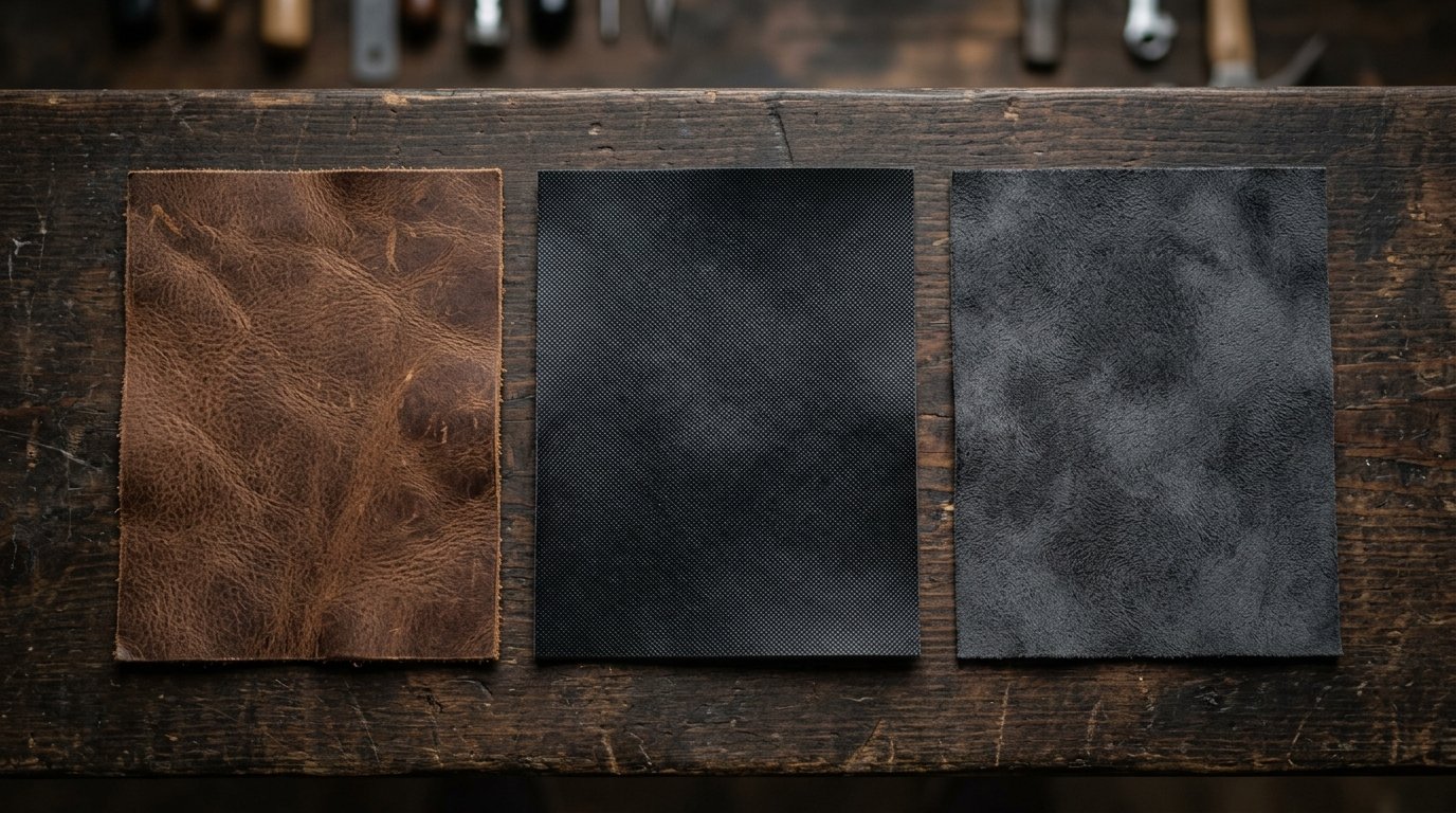 Three combat sports material samples — genuine leather, PU leather, and microfiber — laid side by side on a factory workbench