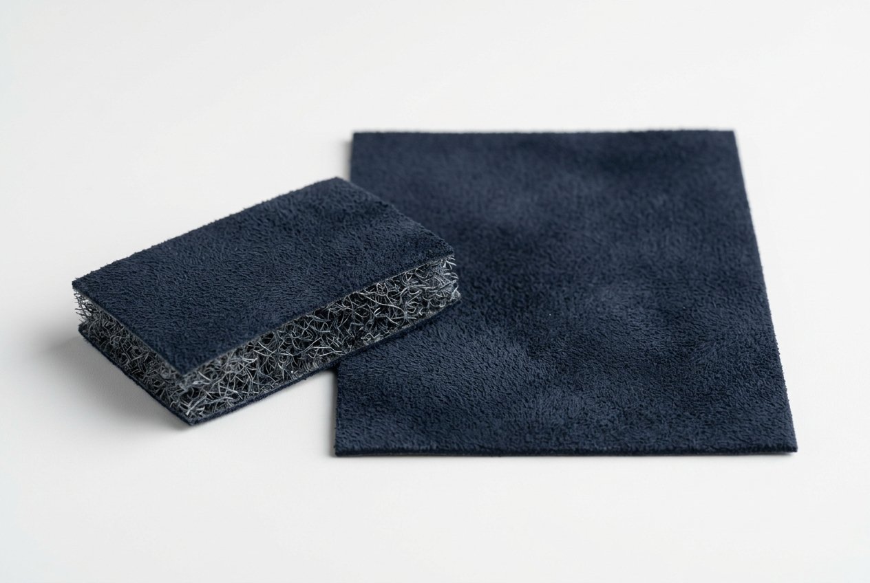 Cross-section diagram and material sample of premium microfiber synthetic leather showing ultra-fine polyamide fibre structure used in combat sports gloves
