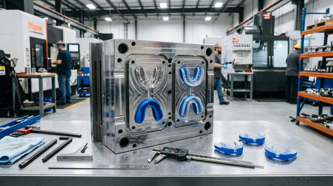 High-precision steel injection mold cavity tooling block for dual-shot combat mouthguards in factory workshop