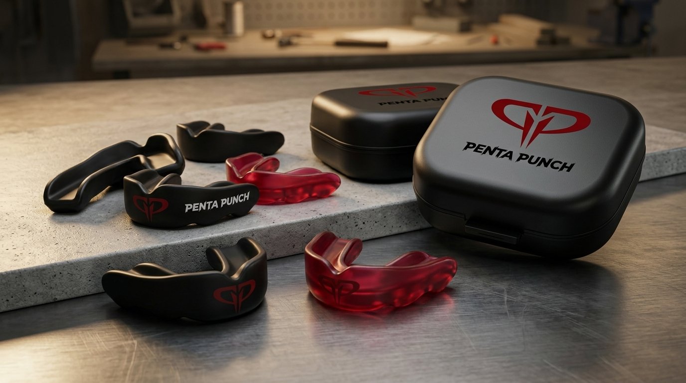 Showcase of finished Pentapunch OEM dual-density combat sports mouthguards with custom branded protective storage cases