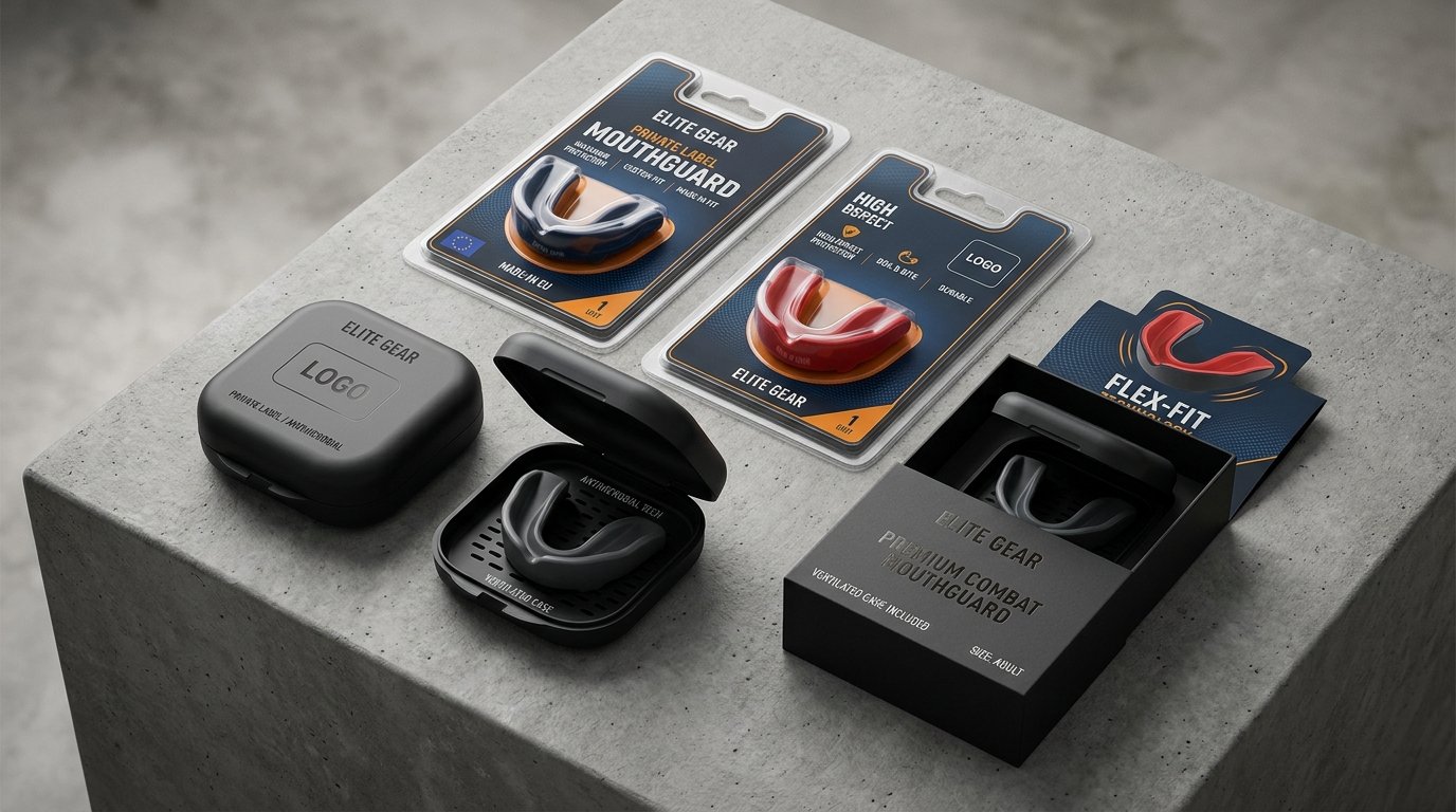 Collection of private label combat sports mouthguard packaging including antimicrobial hard cases, retail blister cards, and luxury boxes