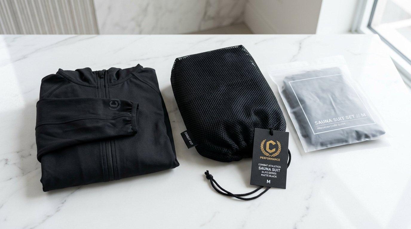 Private label custom sauna suit set displayed with branded breathable mesh storage bag and custom hang tags