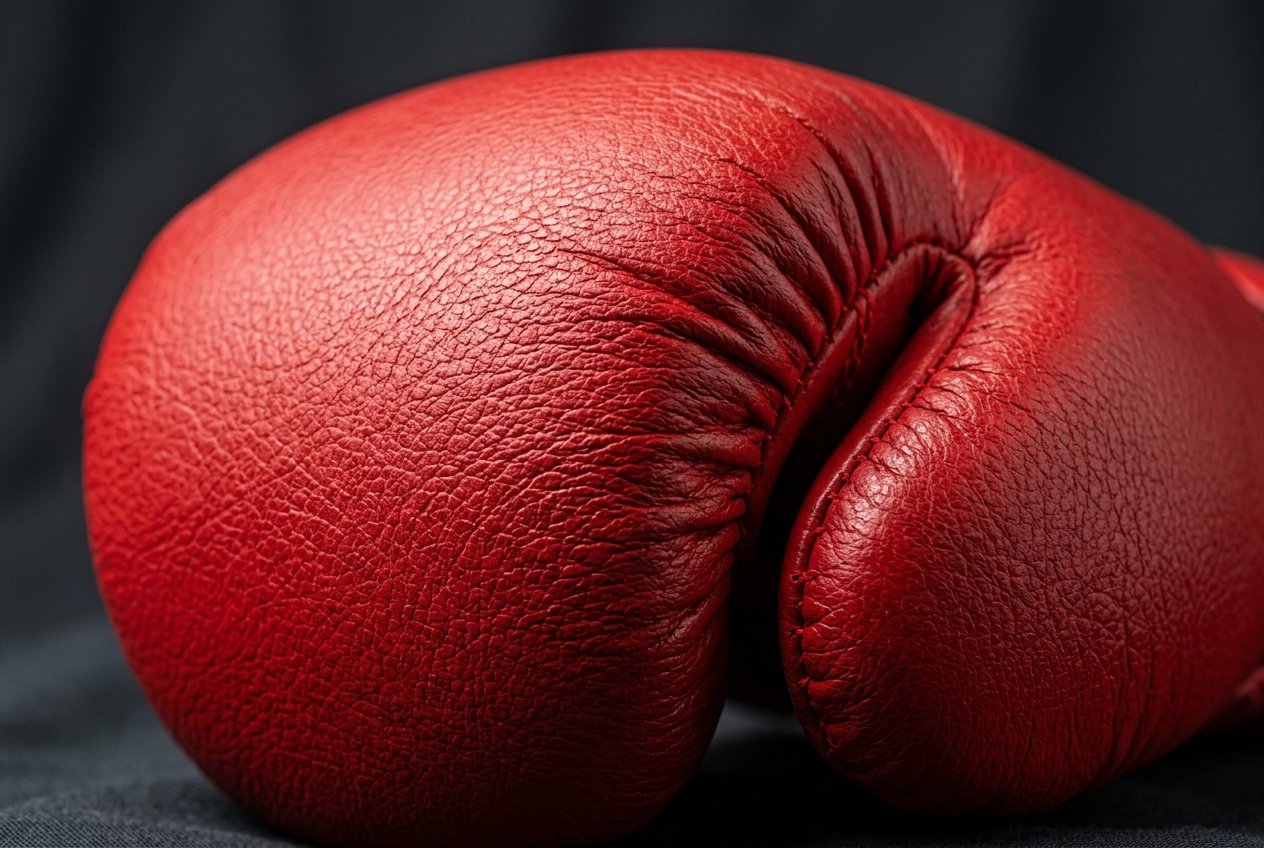 Close-up macro photo of high-grade PU leather surface texture on a pair of red boxing gloves, showing embossed grain pattern