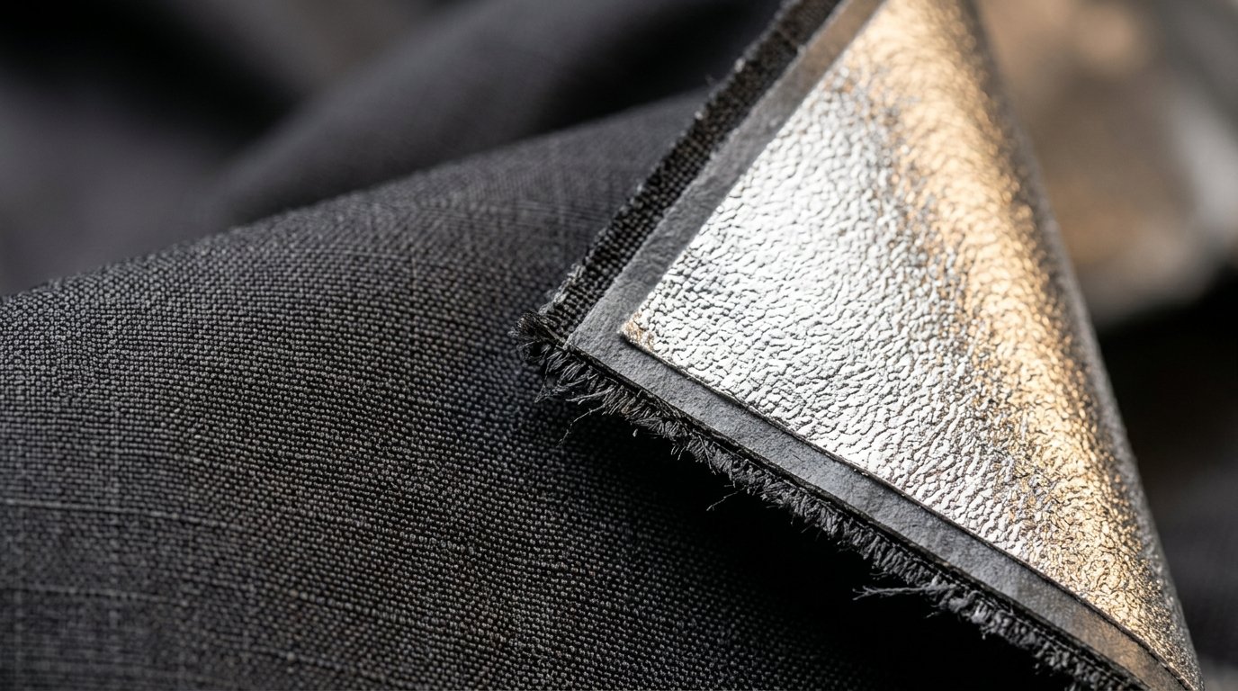 Macro detail of technical silver heat-reflecting inner lining fused to waterproof ripstop nylon outer shell