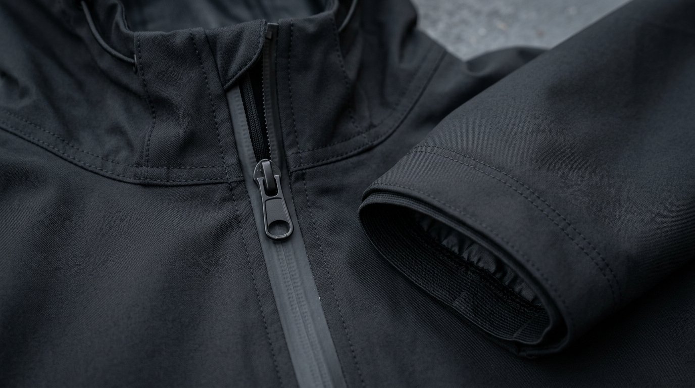 Close-up of waterproof rubberized zipper, zipper garage, and elasticized storm cuff on professional boxing sauna suit